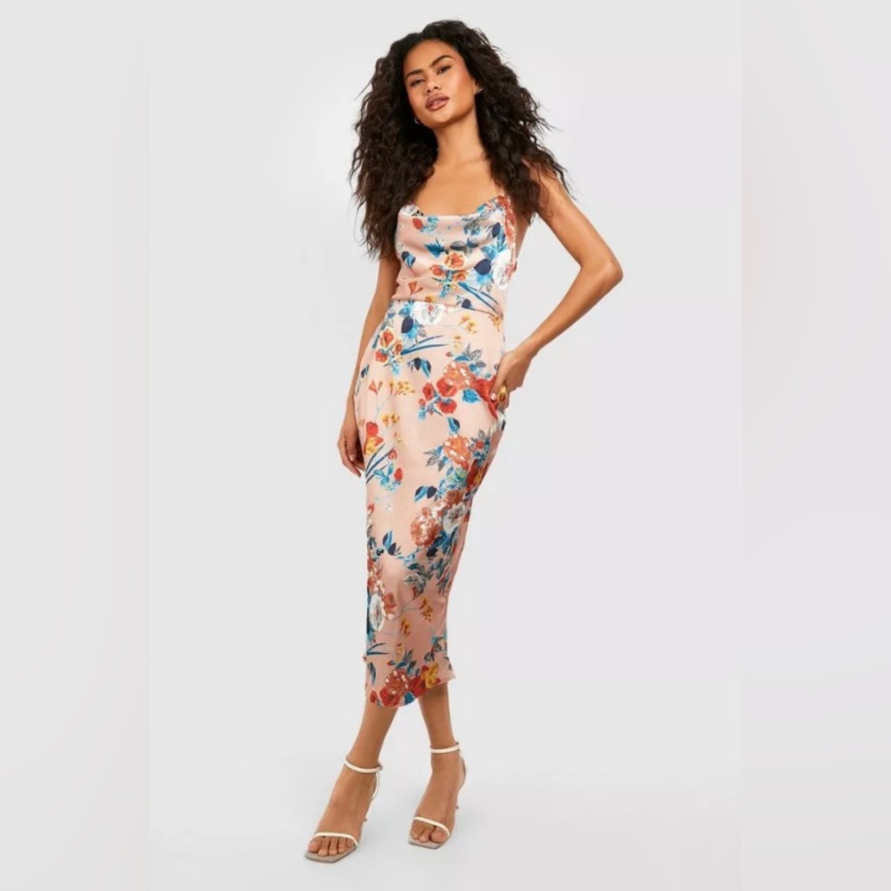 NWT Boohoo Satin Floral Midi Slip Dress